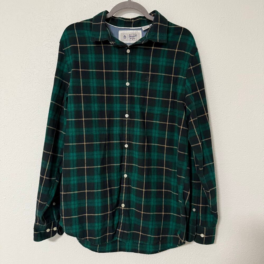 Penguin Munsingwear Men's Green Plaid Button Down Long Sleeve Shirt Large